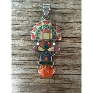 Vintage 950 Silver South American Inlay Figural Pendant Folk Art 2.5” 12.39g